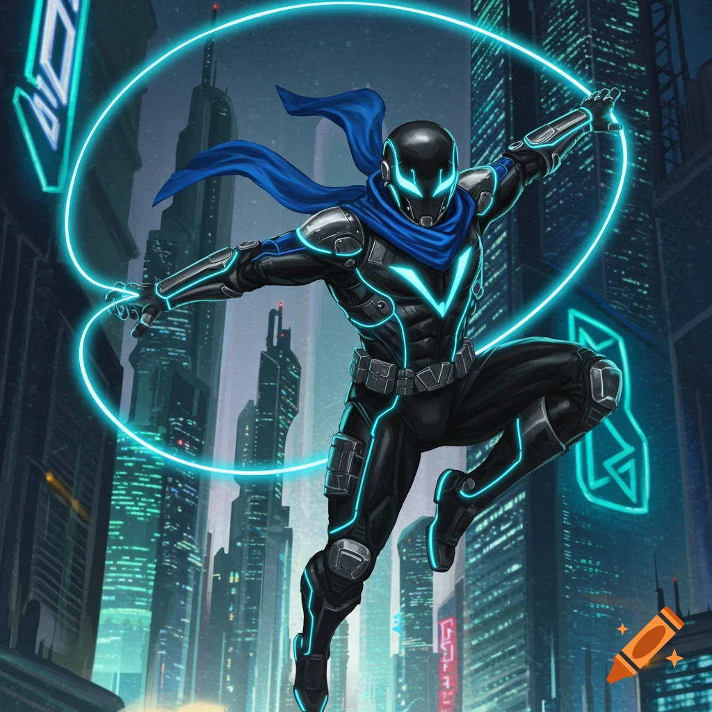 A futuristic vigilante in a black and blue high-tech suit with a blue scarf and helmet, swinging on a neon blue tether in a cyberpunk city.