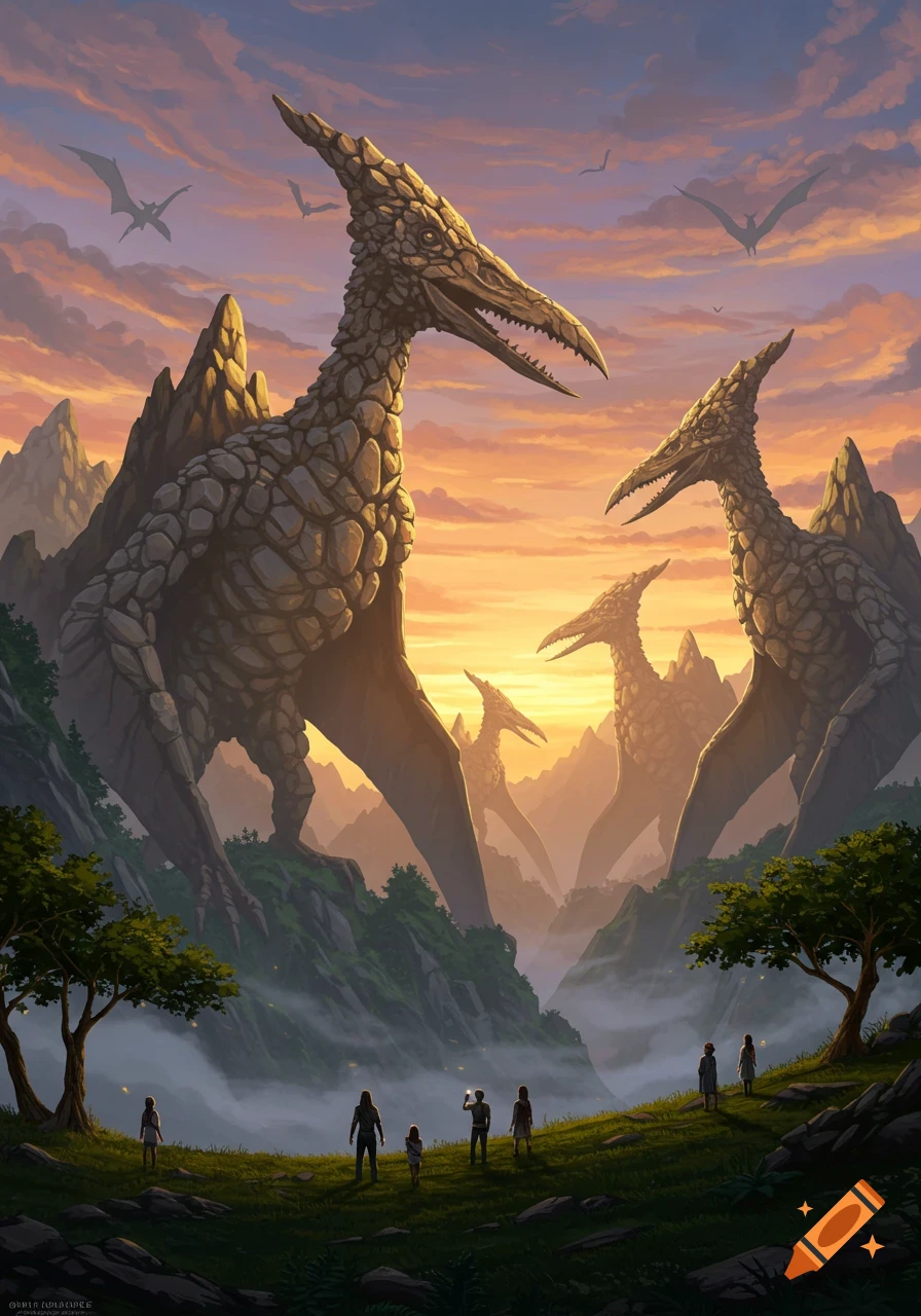 Epic digital painting of massive rock-like pterodactyls towering over tiny humans in a vibrant sunset mountain landscape.