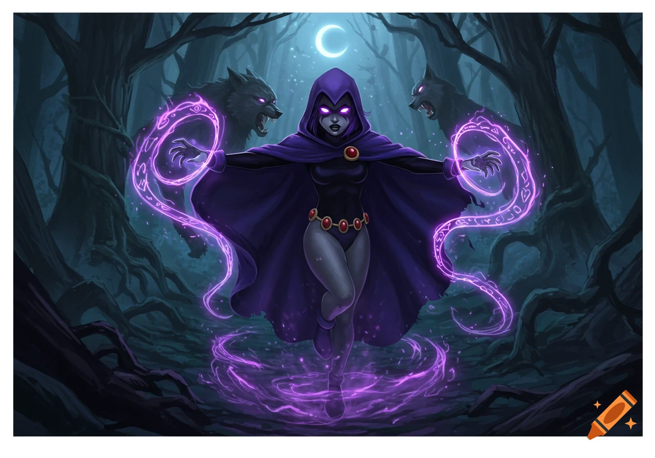 Raven from Teen Titans stands in a dark forest, conjuring purple magic as two snarling wolves appear behind her under a crescent moon.