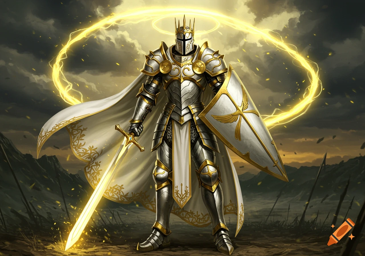 A majestic knight in gleaming silver and gold armor, a white cape, glowing sword, and shield, stands on a battlefield with swirling yellow energy.