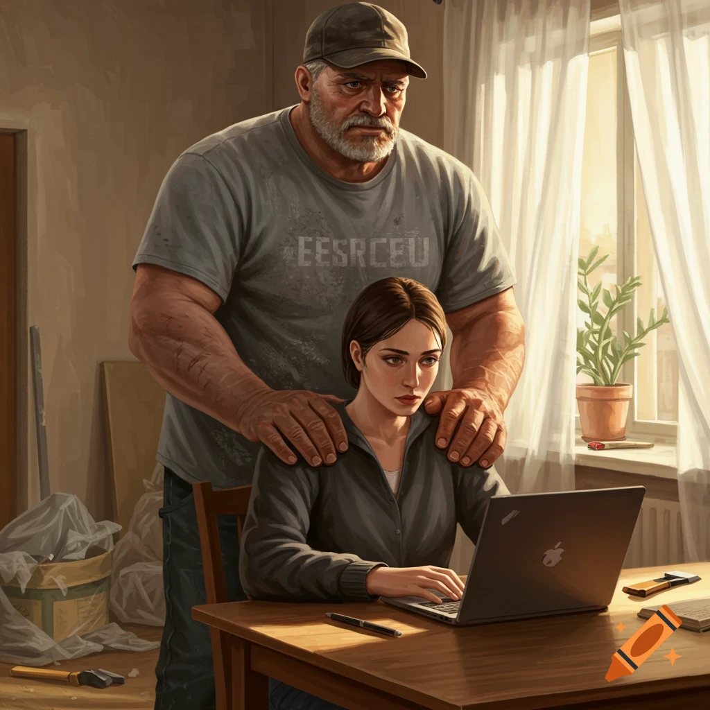 An illustration of a large, bearded man with a baseball cap standing behind a woman working on a laptop, his hands on her shoulders. The room is in renovation.