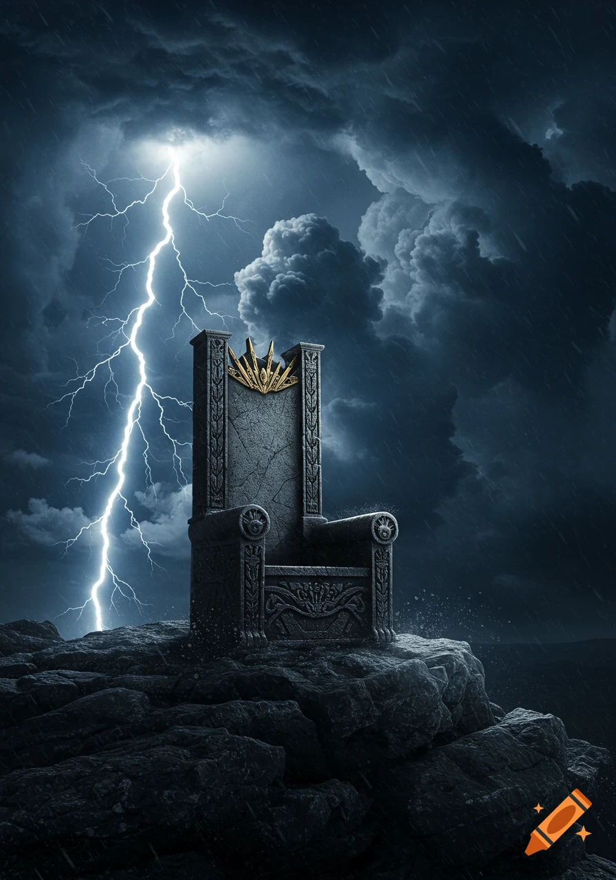A dark, ornate stone throne sits atop a craggy cliff under a dramatic stormy night sky, illuminated by a bright lightning strike.