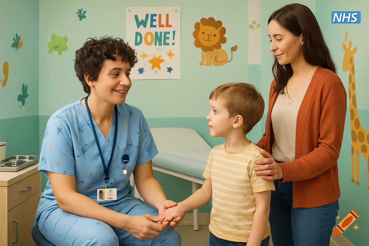 A healthcare worker in blue scrubs holds a young boy's hand in a brightly decorated clinic room, while his mother stands by, photorealistic.
