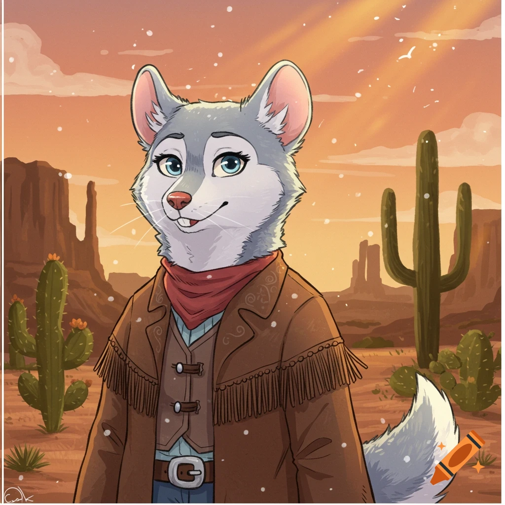 2D hand-drawn image of an anthropomorphic Siberian husky in a brown cowboy jacket and red bandana, standing in a desert with cacti.