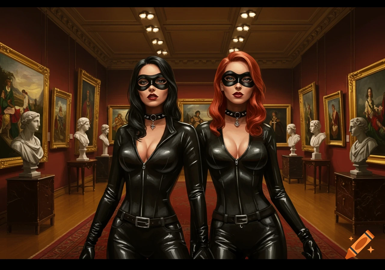 Two women in black latex catsuits and eye masks stand in an art gallery, in an illustrative style.