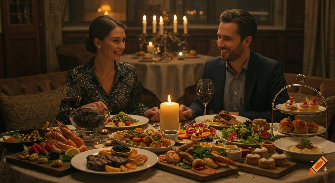 A happy couple enjoys a lavish, candlelit dinner with diverse gourmet food in a luxurious restaurant setting.