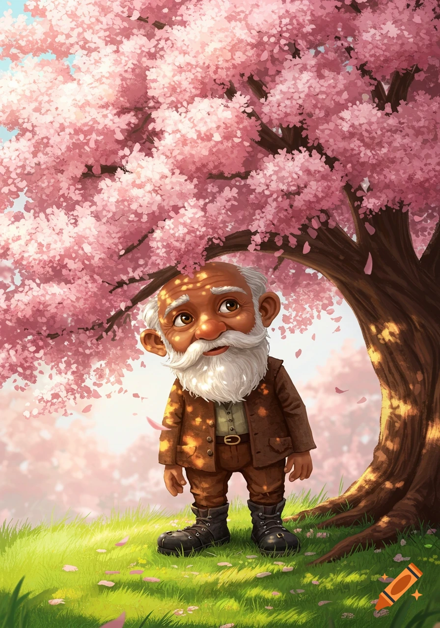 An illustration of an old man with a long white beard standing under a pink cherry blossom tree on a grassy hill.