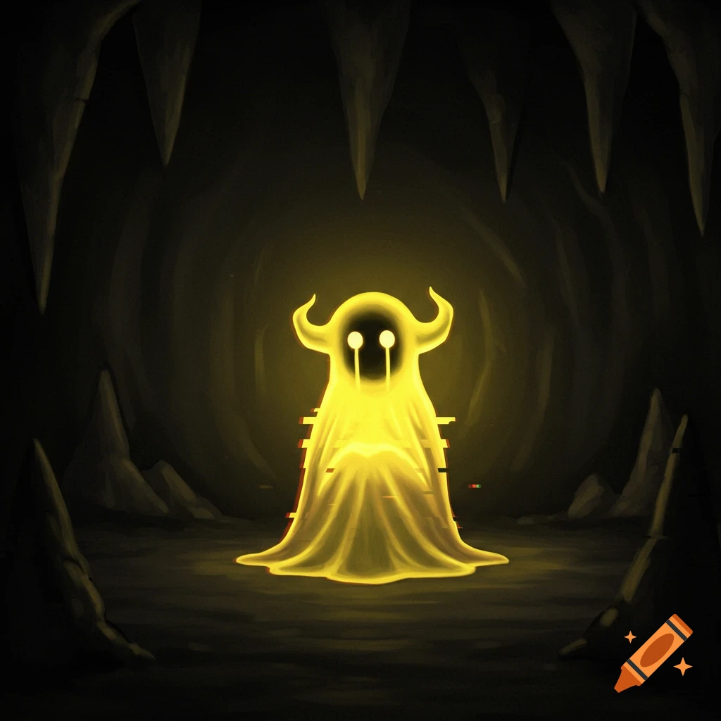 A glowing yellow, horned ghost-like figure with black tears and glitch effects stands in a dark, rocky cave.