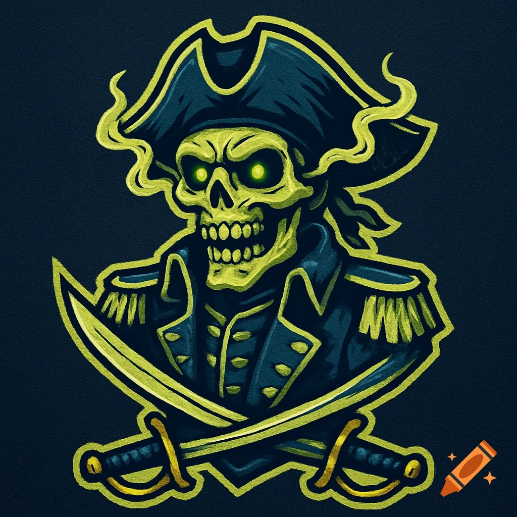 Stylized logo illustration of a pirate skeleton with glowing green eyes, wearing a hat and coat, with crossed swords. Rendered in lime green and navy blue.