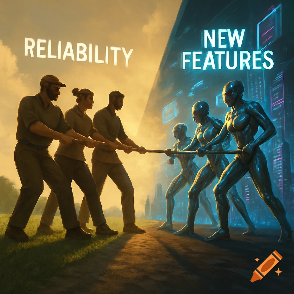 Conceptual image: Human workers for 'Reliability' and metallic figures for 'New Features' in a tug-of-war, split between nature and futuristic city.
