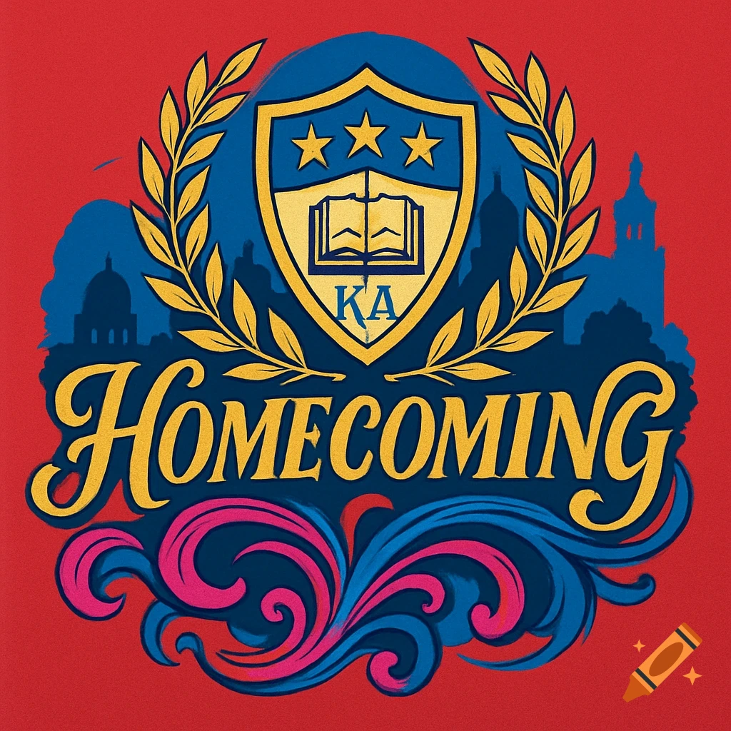 Graphic design for a homecoming event, featuring a crest with 'KA' and 'HOMECOMING' text, framed by laurels on a red background.