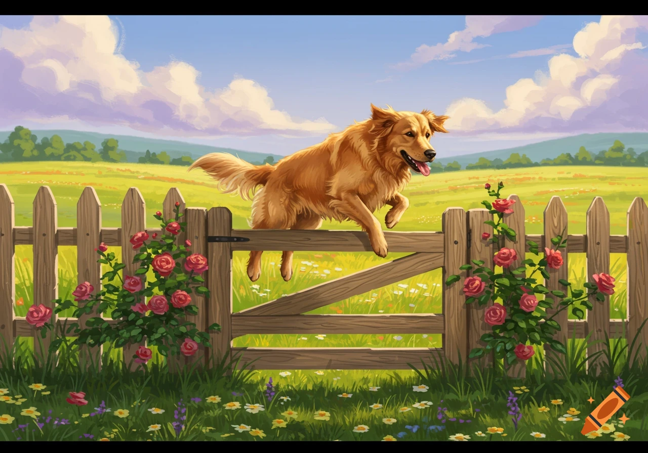 An illustrated golden retriever dog jumps over a wooden picket fence adorned with red roses in a sunny field.