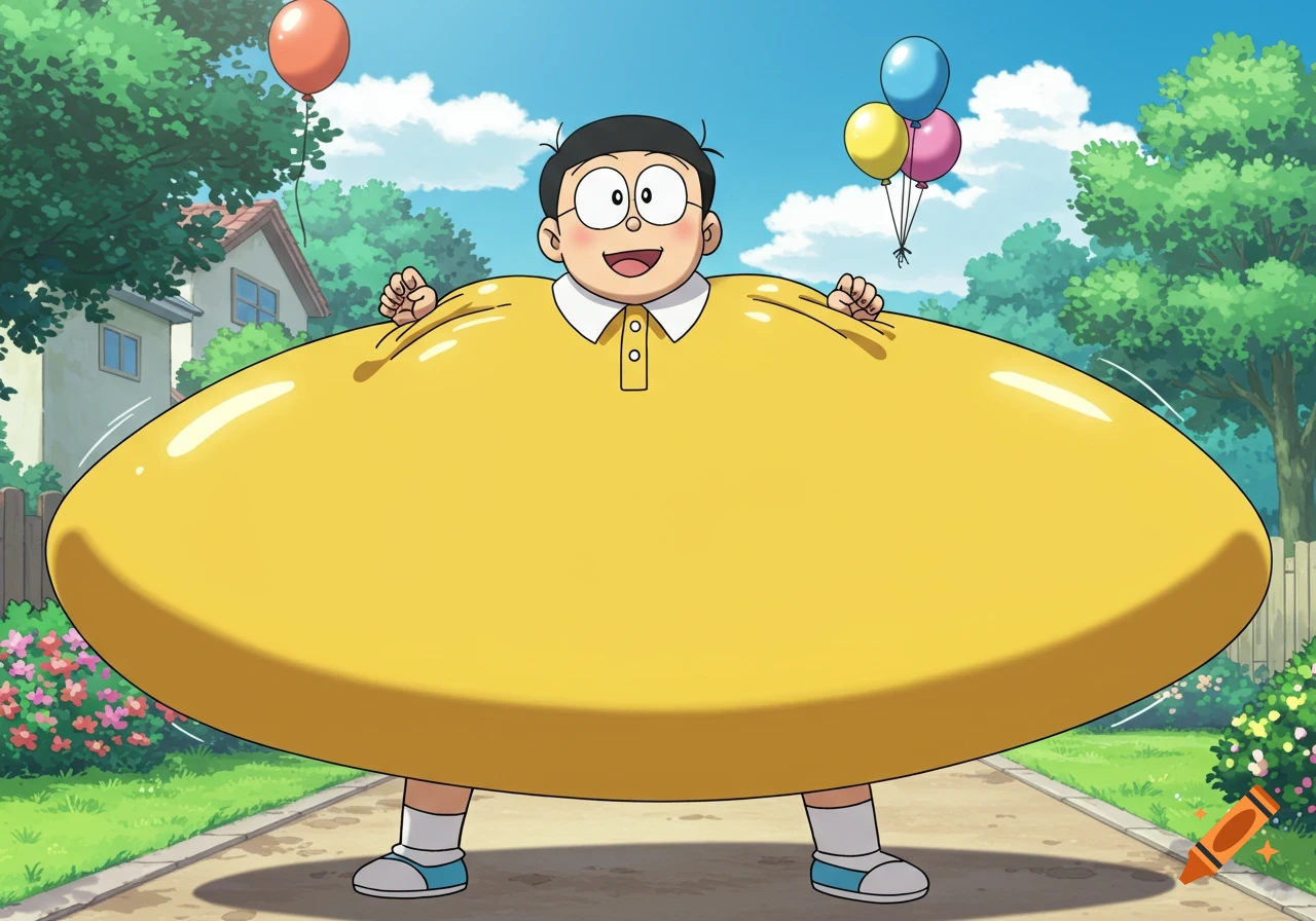 A smiling anime character, Nobita, stands outdoors with his yellow polo shirt inflated like a giant glossy balloon, holding up his hands. Balloons float in the sky above him.
