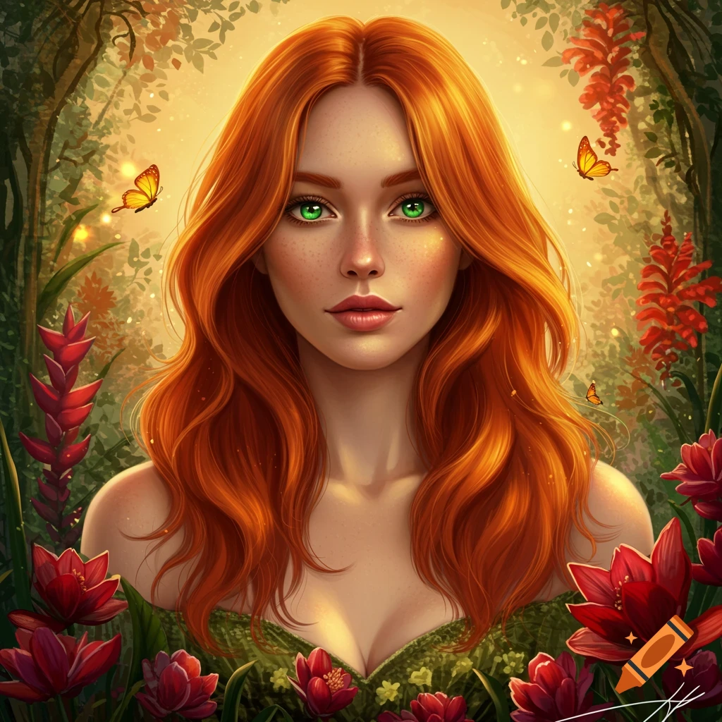 Vibrant digital painting of a red-haired woman with bright green eyes amidst lush jungle foliage, red flowers, and glowing butterflies.