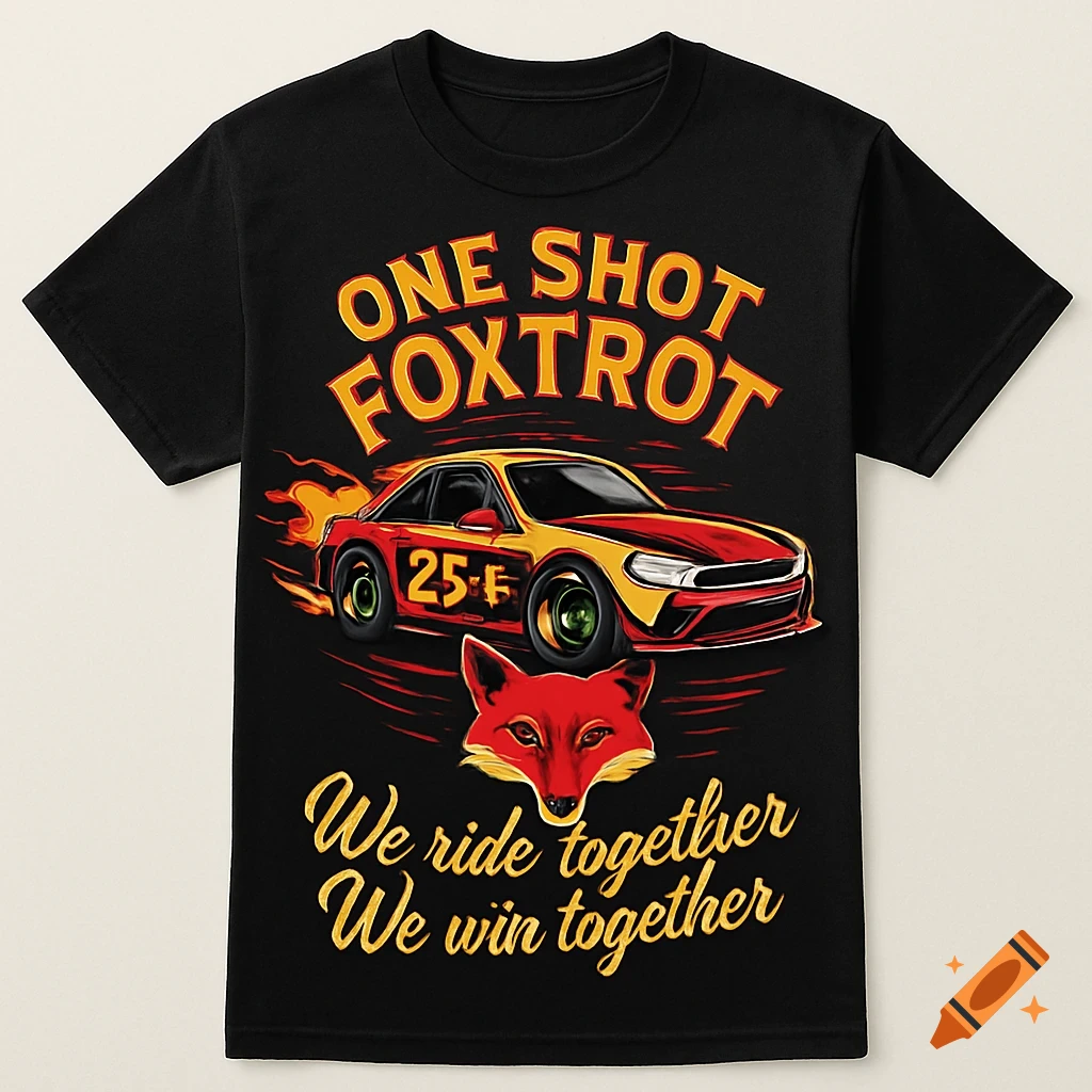 Black t-shirt design featuring a red and yellow race car with flames and a red fox head, with text about 'ONE SHOT FOXTROT' and 'We ride together We win together'.