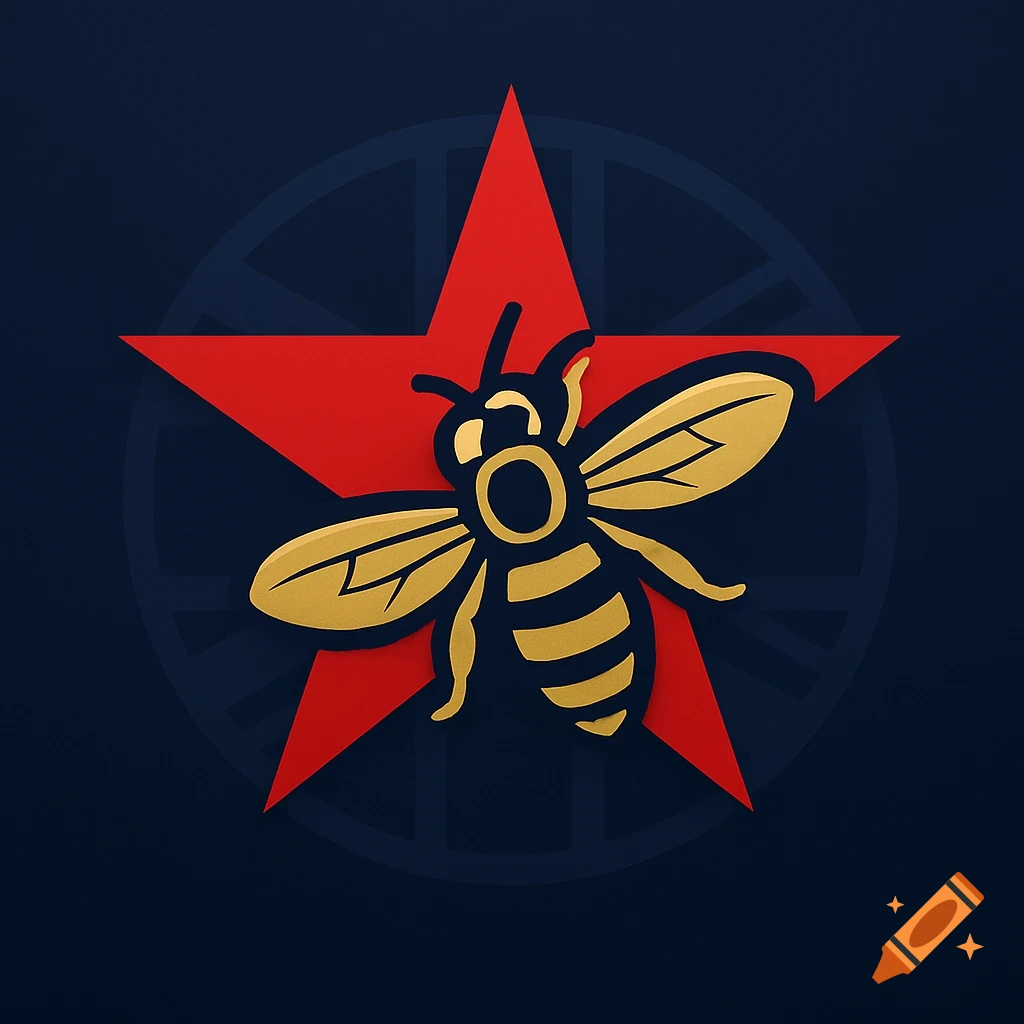 Stylized golden bee centered on a red star, set against a dark blue background with a subtle circular pattern.