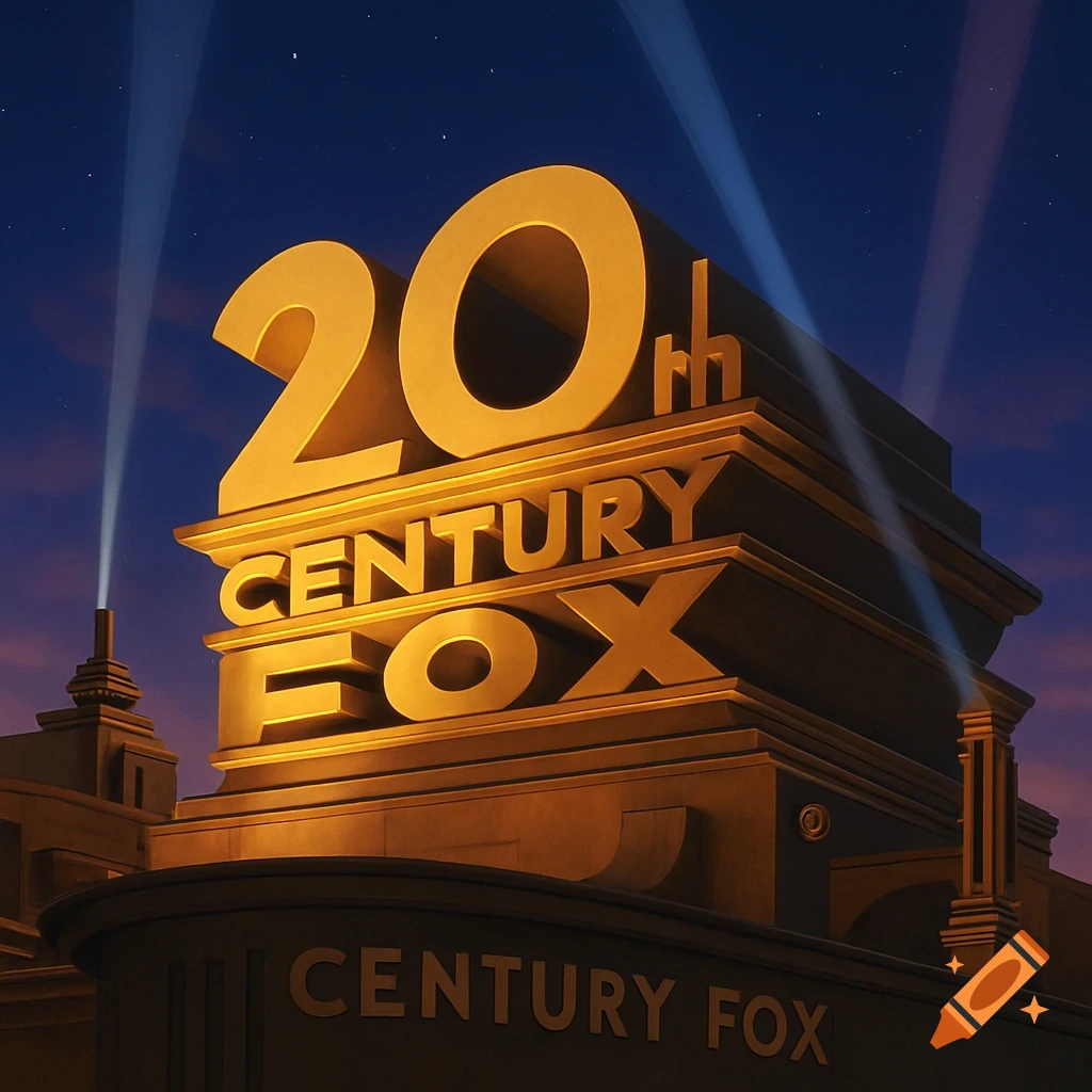 The iconic gold 20th Century Fox logo stands tall against a twilight sky with searchlights illuminating it.