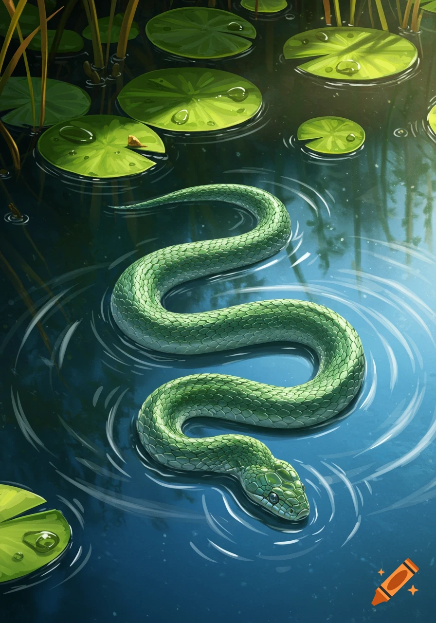 A green snake slithers gracefully through dark water surrounded by vibrant green lily pads and reeds in an illustrative style.