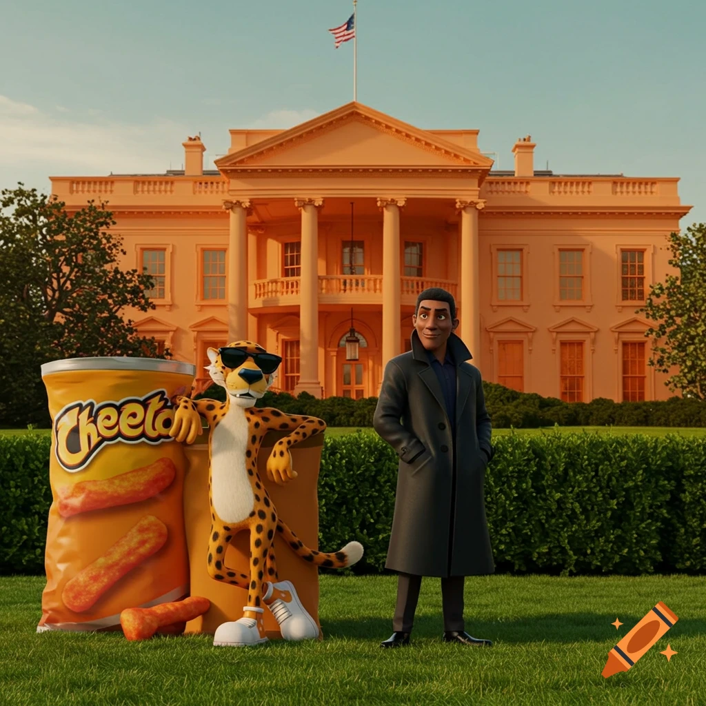 Chester Cheetah and a man in a black coat stand in front of an orange White House with a large Cheetos bag. Photorealistic CGI style.
