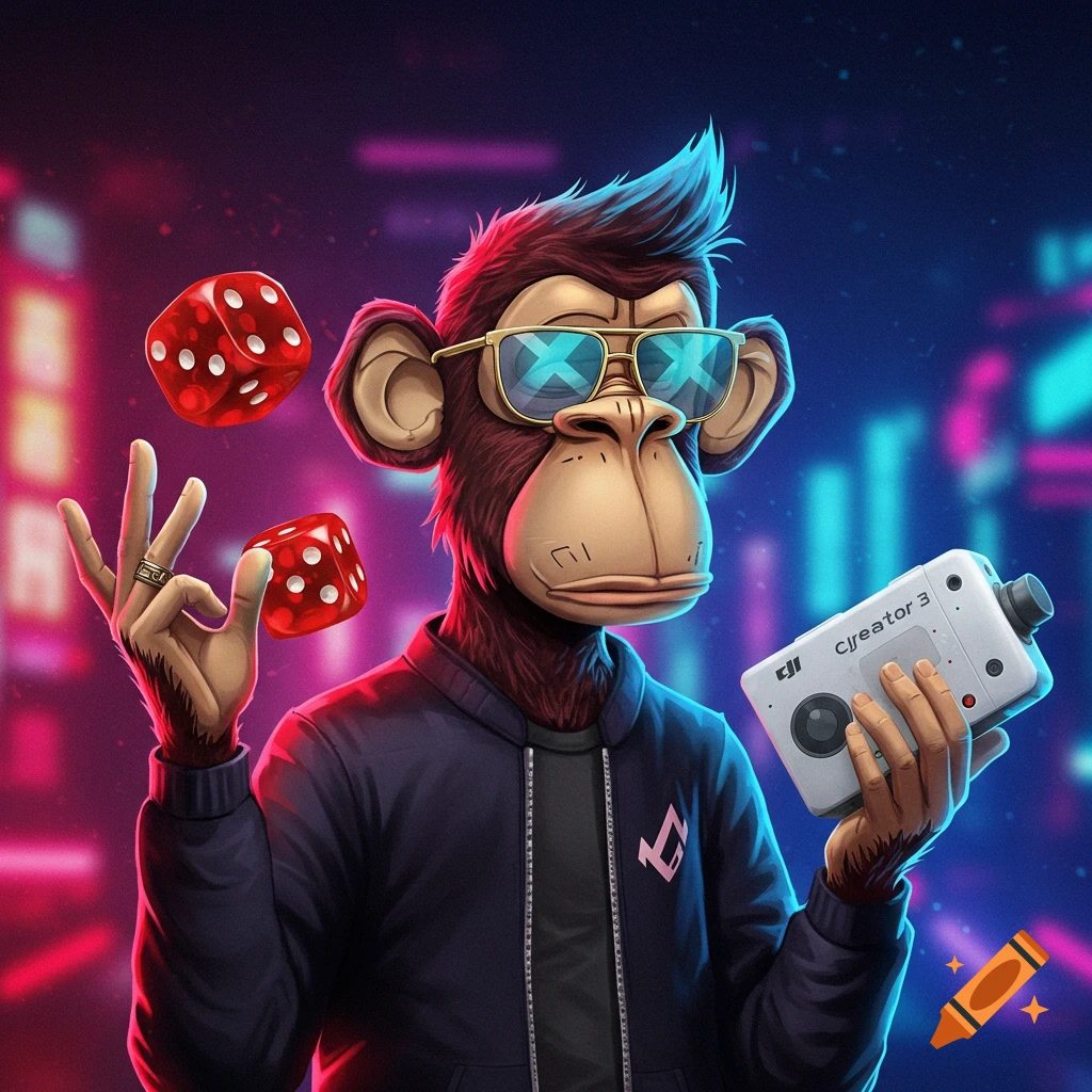 A hip cartoon monkey in sunglasses holds craps dice and a camera in a neon-lit city. Styled like a Bored Ape NFT.