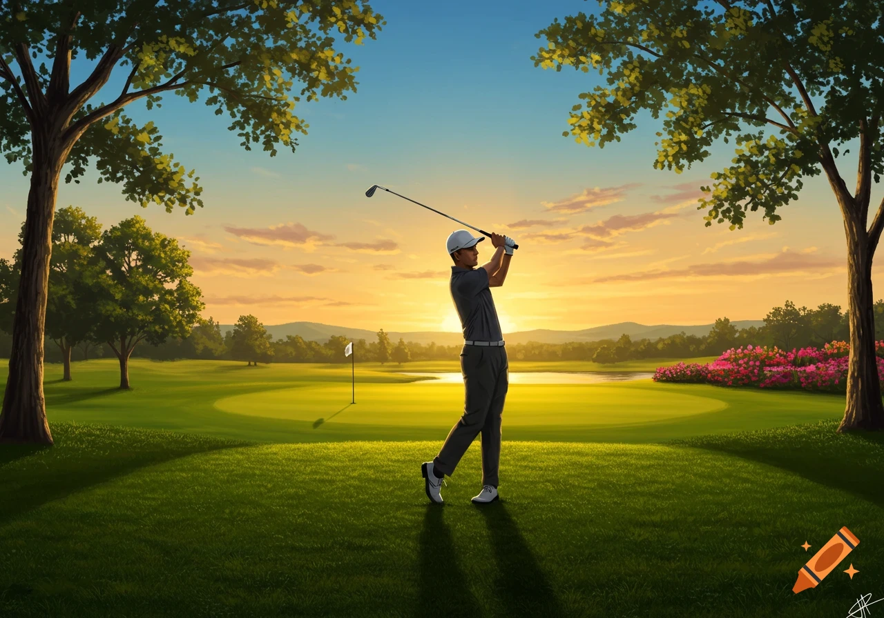 An illustrated image of a golfer swinging a club on a lush golf course at sunset.