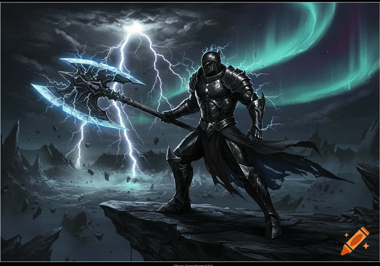 A dark armored space warrior wielding a glowing axe stands on a cliff under a lightning storm and aurora borealis.