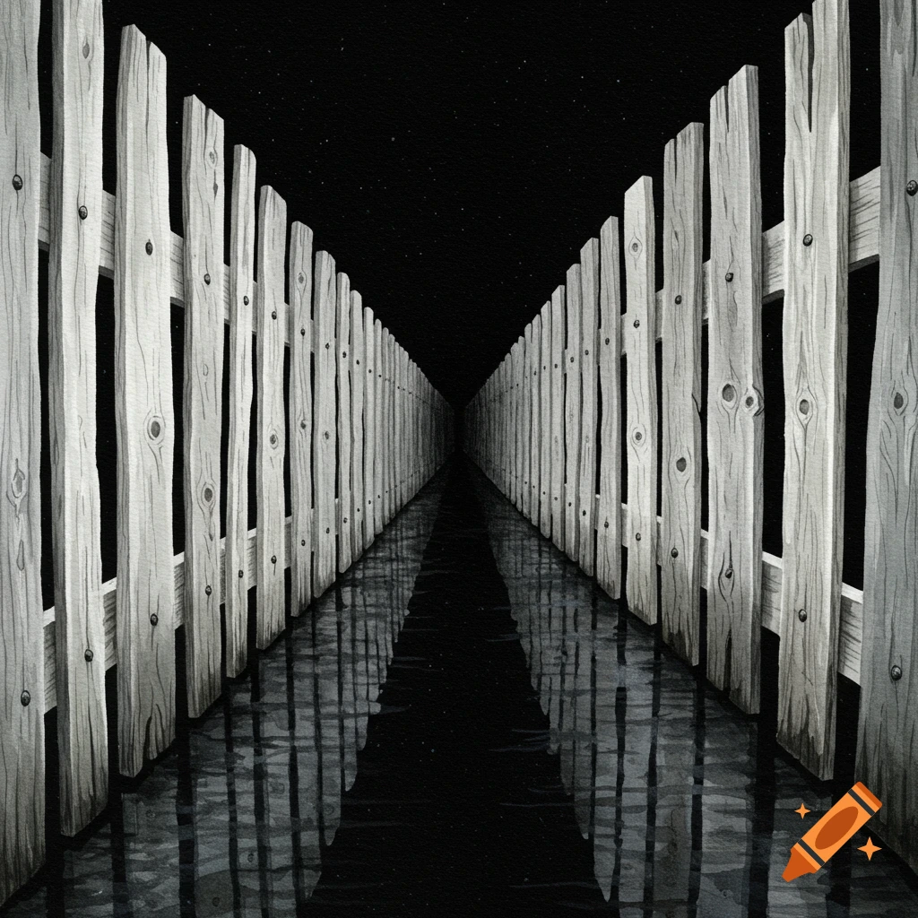 Watercolor painting of a white wooden fence extending into a dark, starry void, reflected in still water.