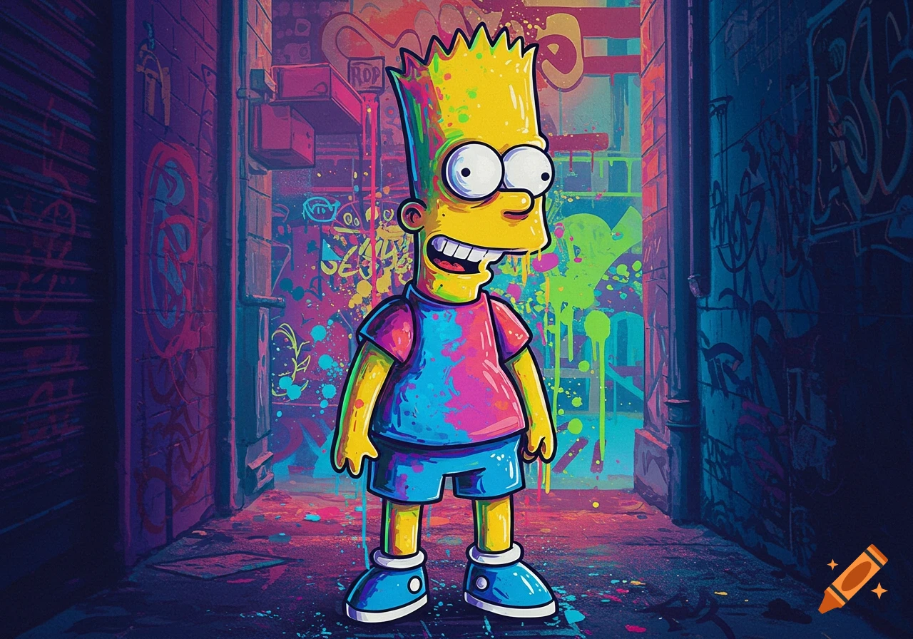 Bart Simpson stands in a vibrant, neon-colored graffiti-covered alley, looking forward with a wide grin. The style is bold and expressive.