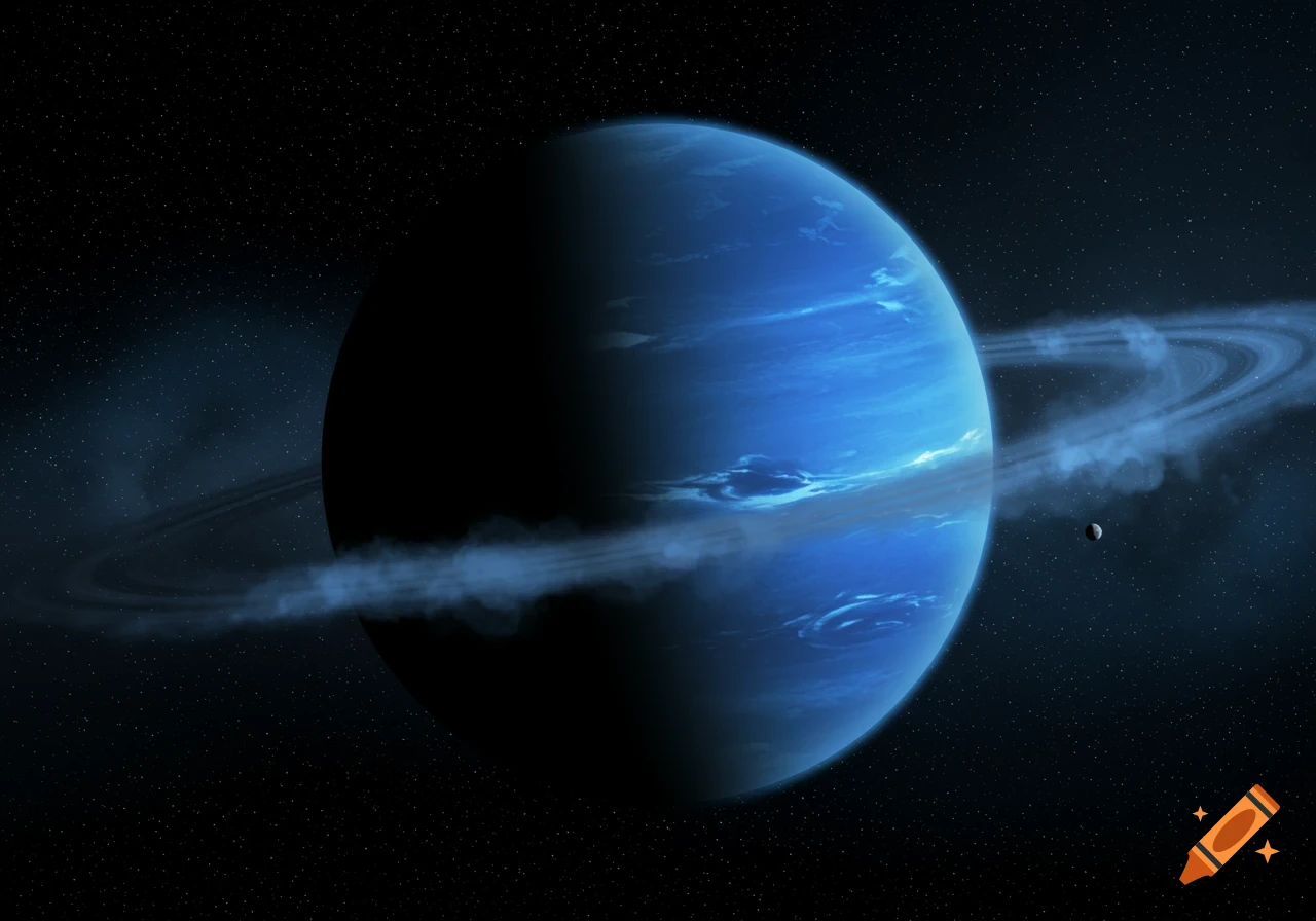 Ominous view of the blue planet Neptune with faint rings and a distant moon against a starry black sky.