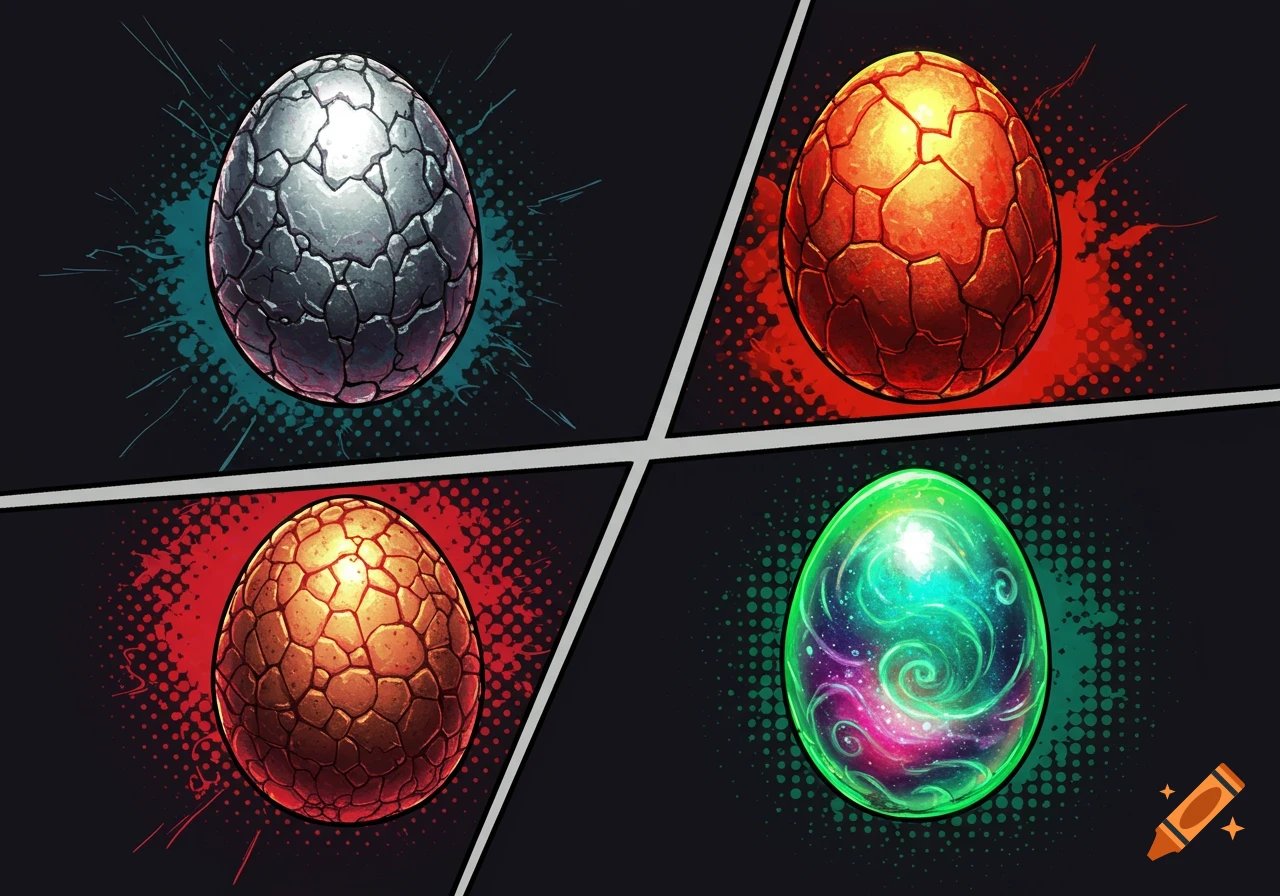 Four stylized, colorful, fantastical eggs in comic book art style, against a dark background.