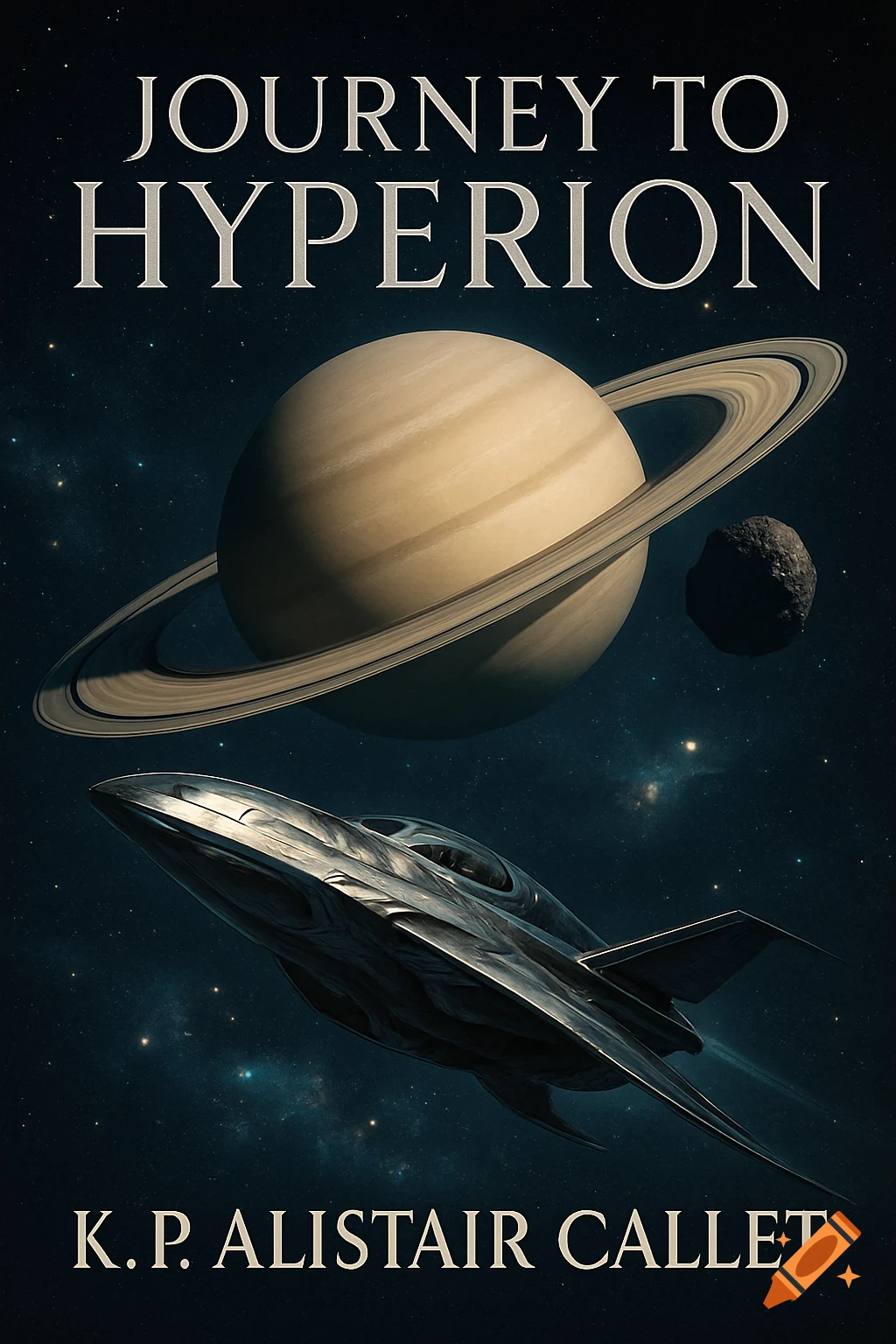 A science fiction book cover with a futuristic spaceship, Saturn, and a moon against a starry background. Title: Journey to Hyperion.