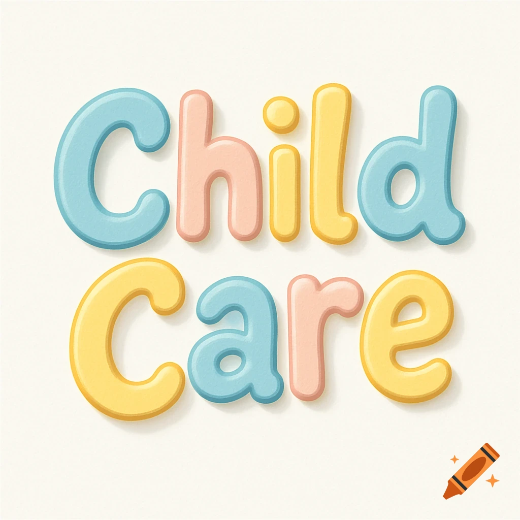 Colorful, bubbly 3D text spelling 'Child Care' in blue, pink, and yellow on a light background.