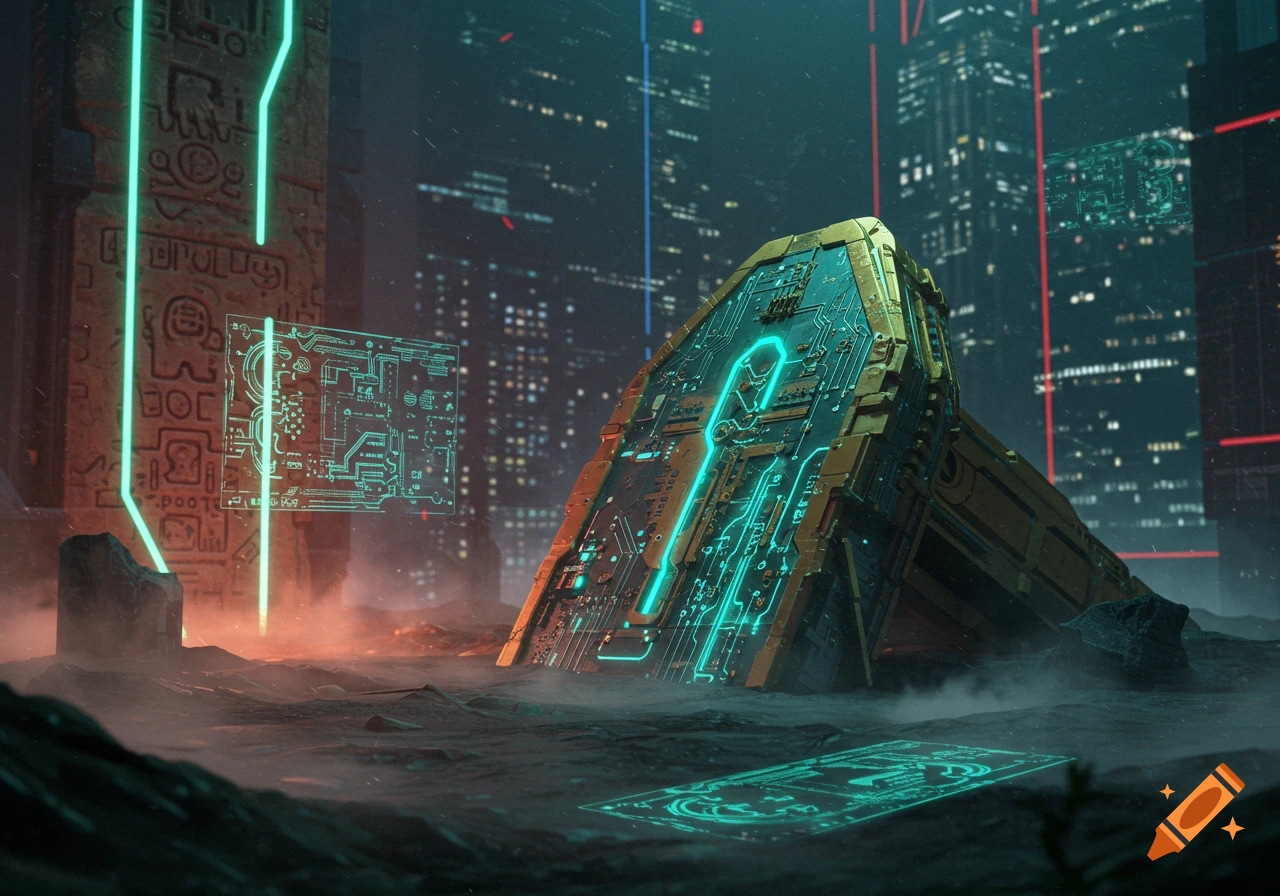 A large, ancient-looking structure covered in glowing blue circuit patterns leans in a misty, dark landscape before a futuristic city skyline at night.