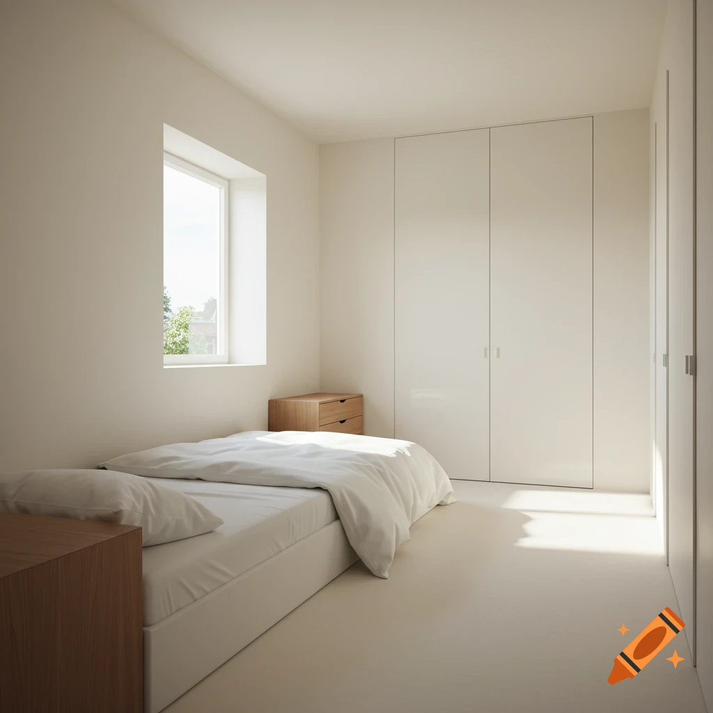 A bright, minimalist bedroom with white walls, a twin bed with white bedding, a wooden nightstand, a window, and a built-in closet.