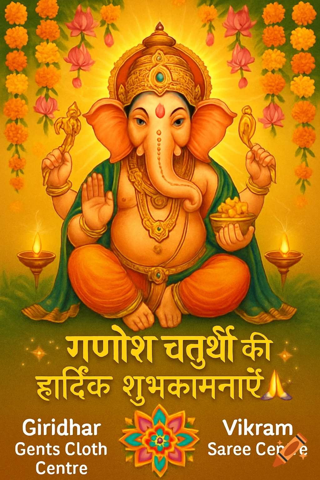 Vibrant Lord Ganesha illustration on a yellow background with marigold garlands. Hindi 'Happy Ganesh Chaturthi' text and business names 'Giridhar Gents Cloth Centre', 'Vikram Saree Centre'.