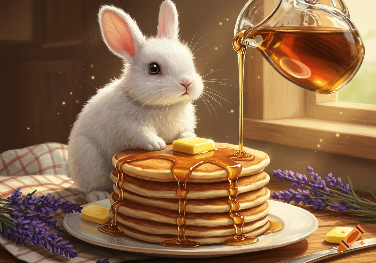 A fluffy white rabbit stands beside a stack of pancakes with syrup and butter, surrounded by lavender in a charming digital painting.