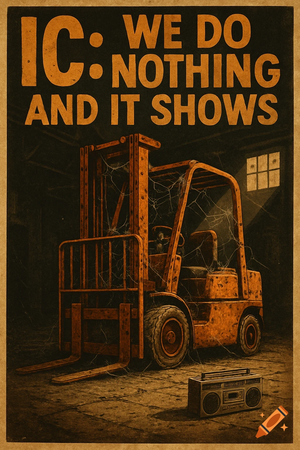 Grungy poster of an abandoned orange forklift covered in cobwebs in a dark warehouse, with text 'IC: WE DO NOTHING AND IT SHOWS' and a boombox on the floor.