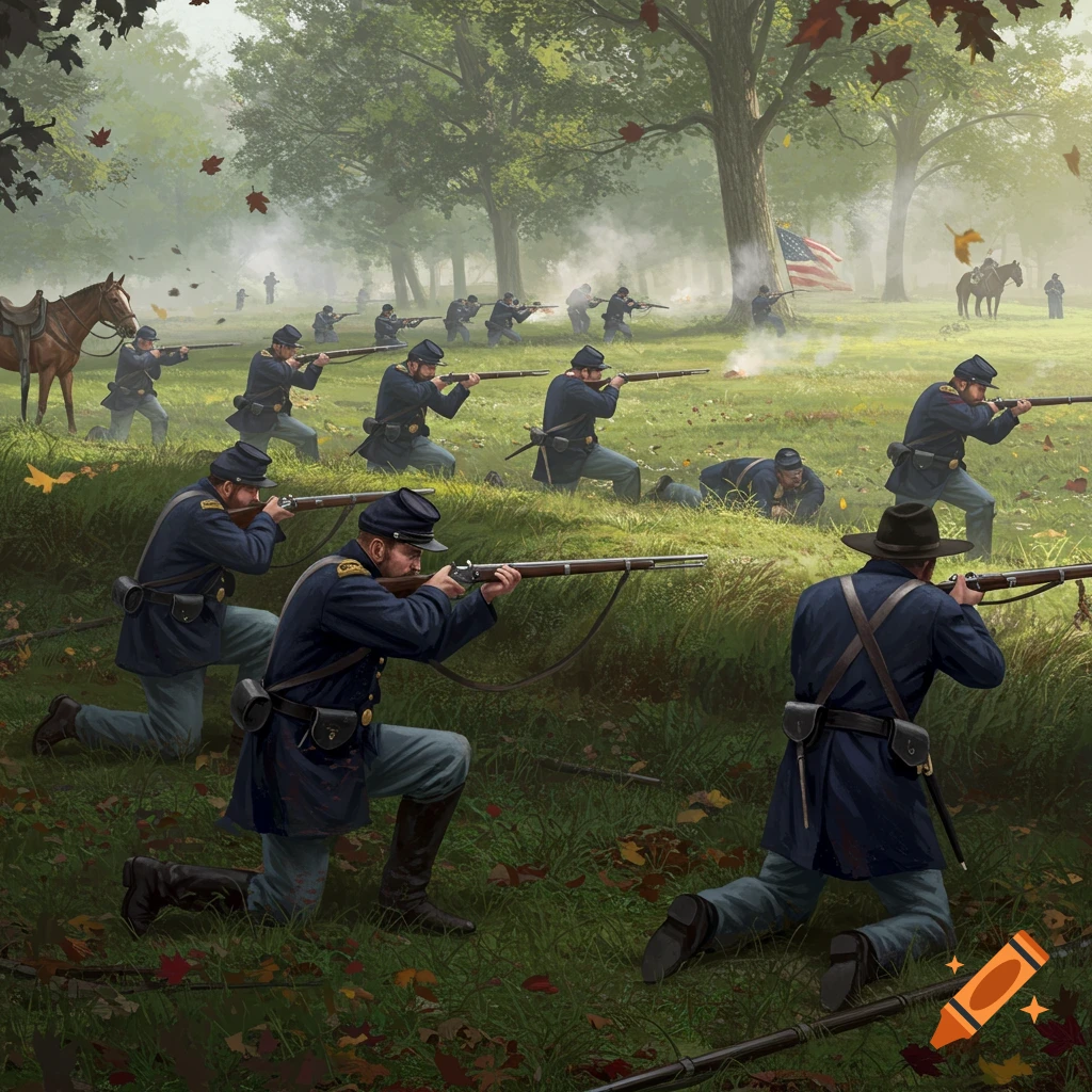 Detailed illustration of Civil War Union troops kneeling and firing rifles in a grassy, wooded battle scene with an American flag.