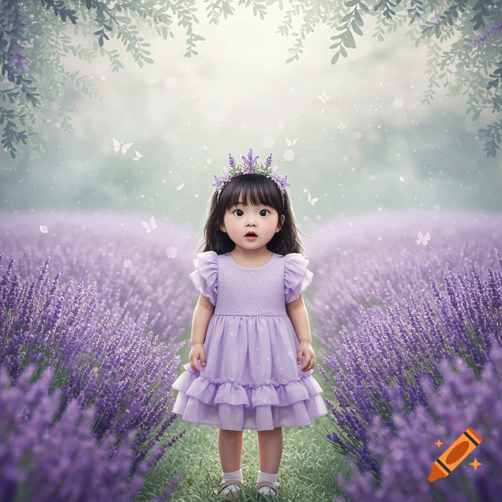 A cute young girl in a lavender dress and flower crown stands wide-eyed in a whimsical lavender field with butterflies.