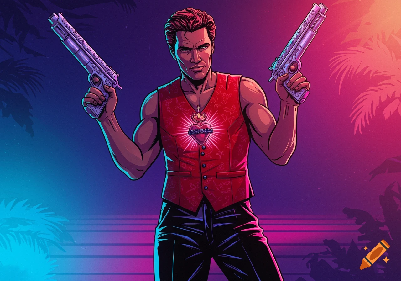 Man in red vest with Sacred Heart, holding two ornate pistols in Miami Vice comic style, neon light.