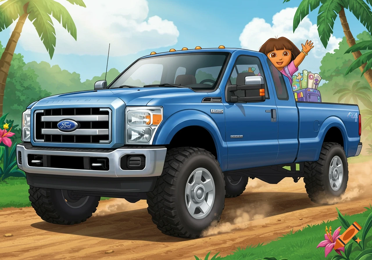 Cartoon Dora the Explorer waving from a blue Ford F-350 pickup truck driving on a dirt road, surrounded by palm trees and tropical plants.