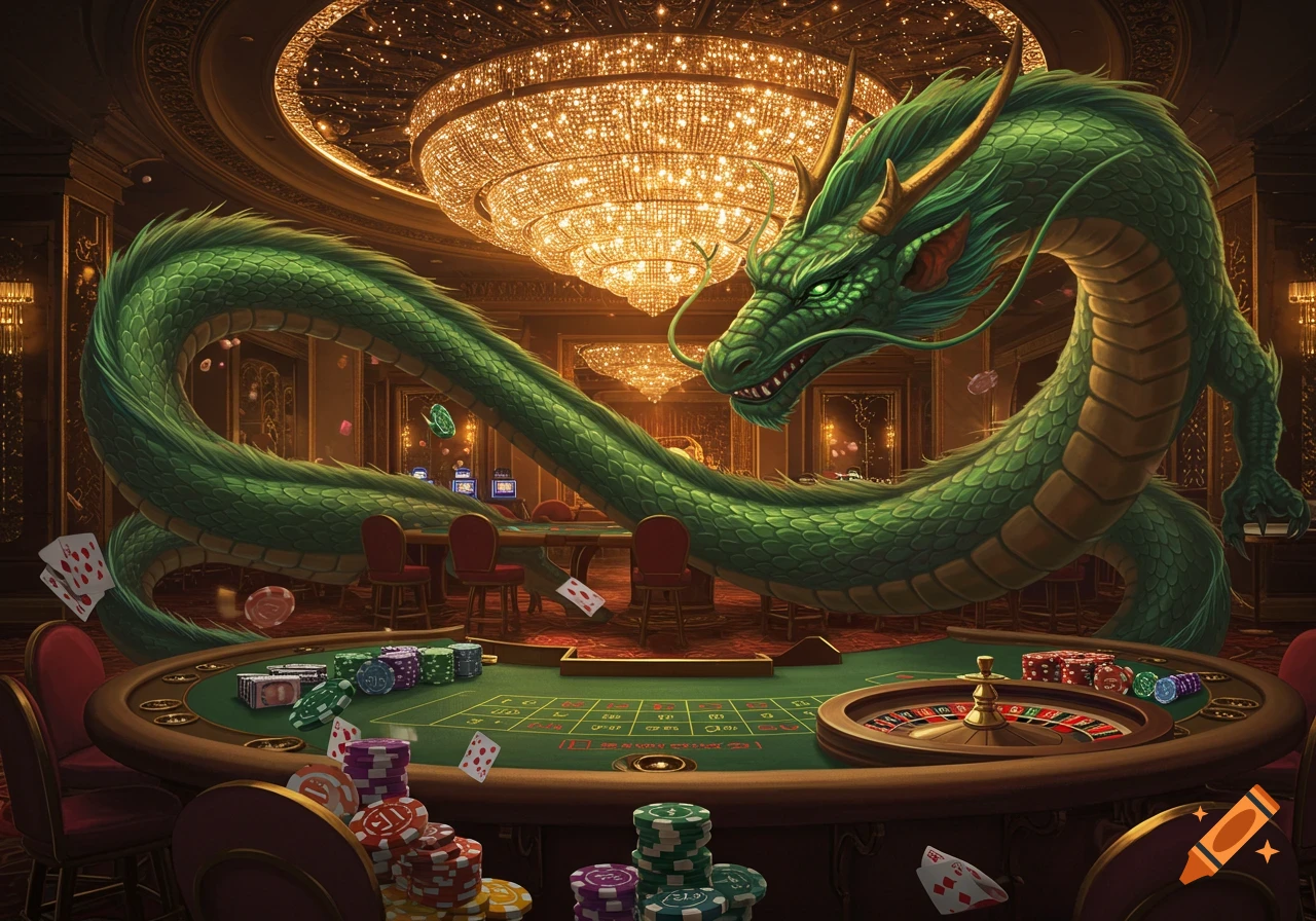 A majestic green dragon with golden horns curled around a vibrant casino table with poker chips and a roulette wheel, under sparkling chandeliers.