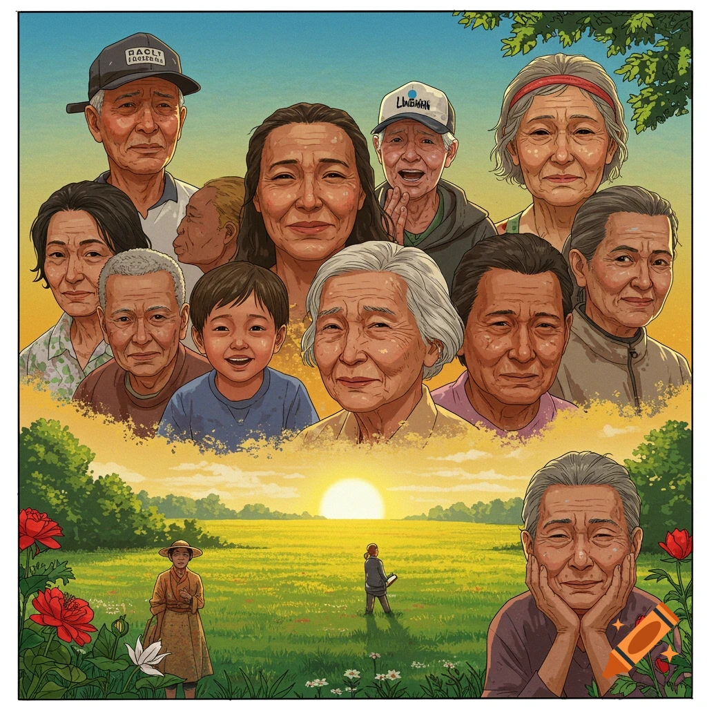 Illustrated collage of East Asian faces across generations, with a child in the center, over a sunlit field with two small figures.