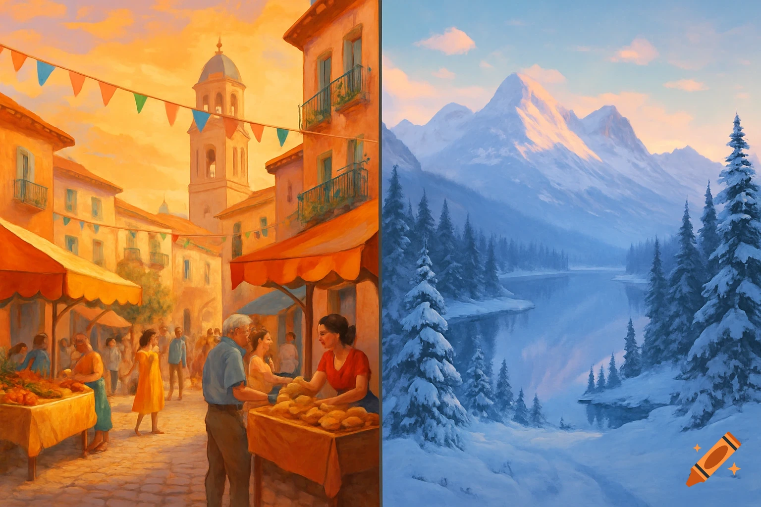 A split image of a vibrant market in a sunny Mediterranean town and a serene snowy mountain lake landscape, in a painterly style.