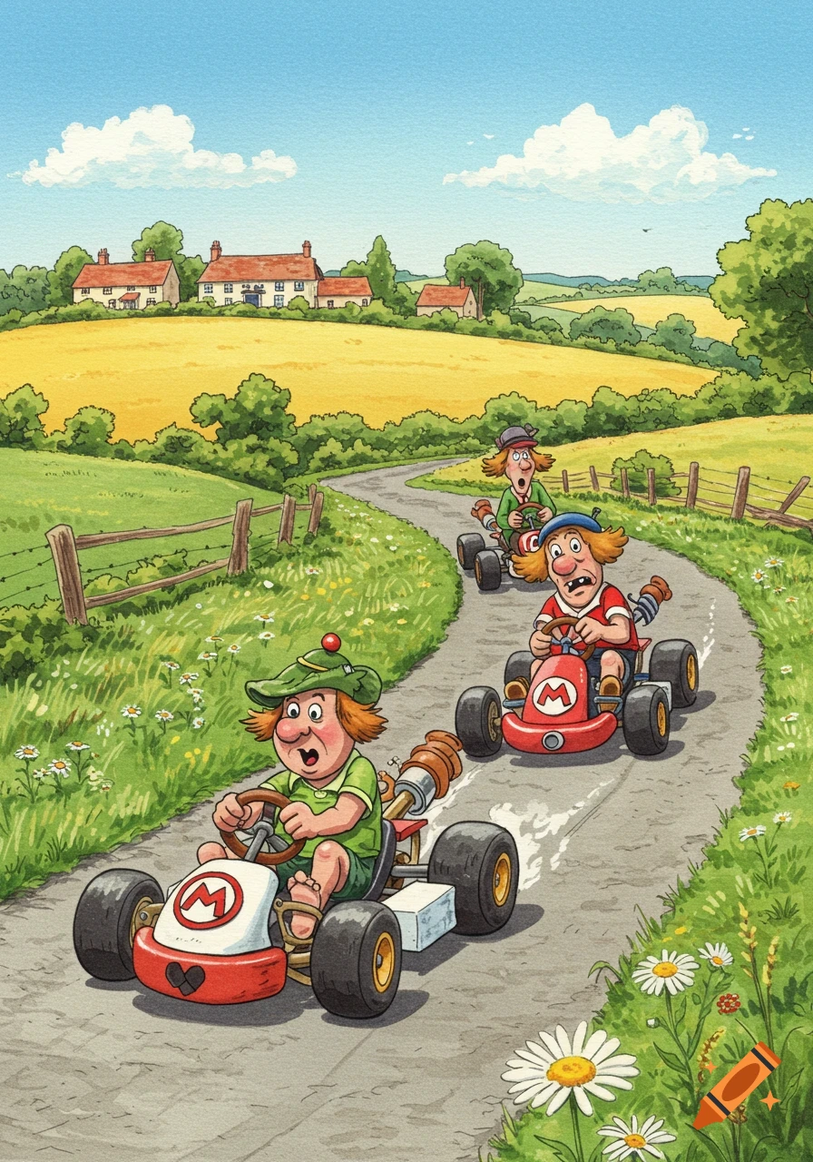 Watercolor illustration of three cartoonish older men racing go-karts on a winding country road through green fields.