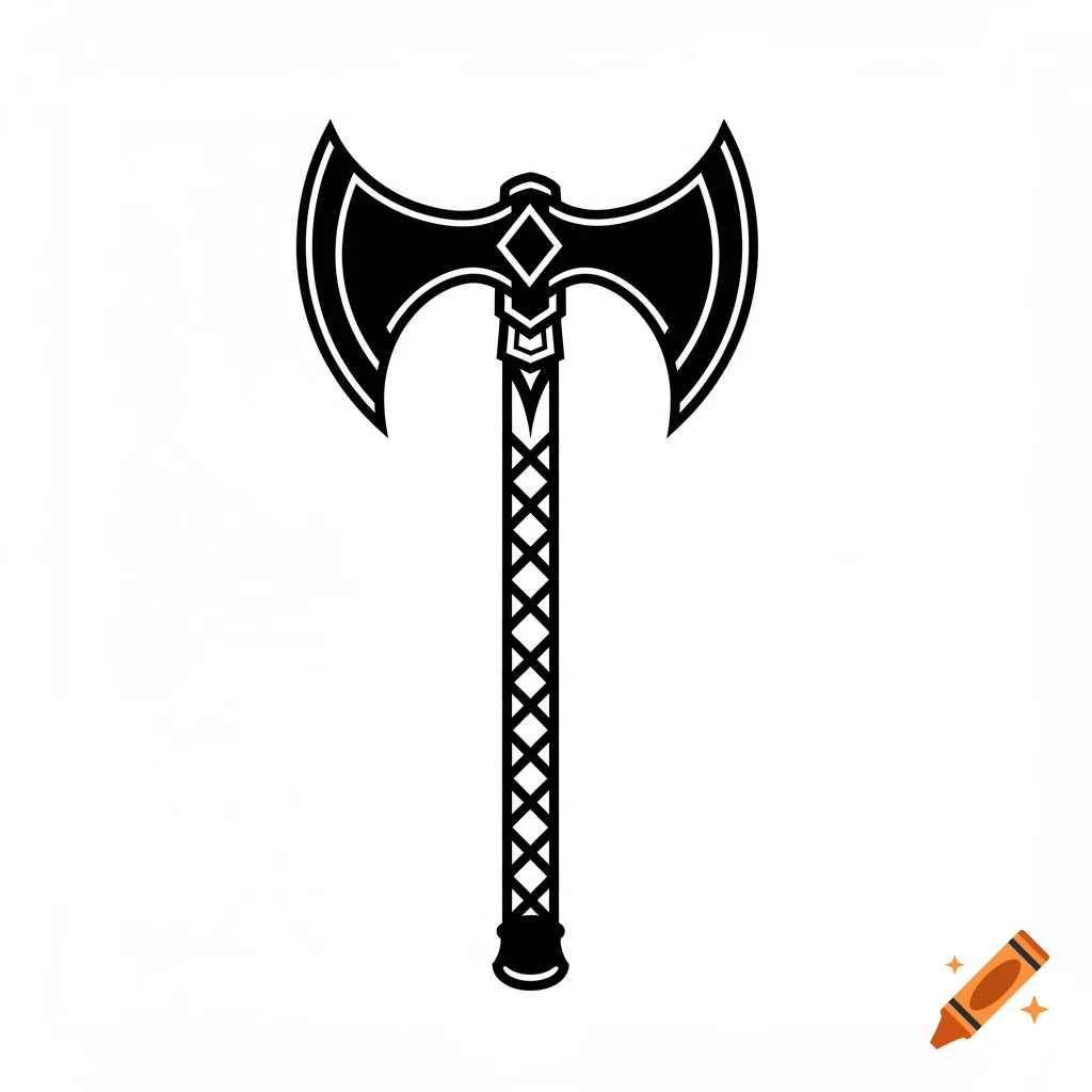 Black and white outline illustration of a stylized double-bladed battle-axe.