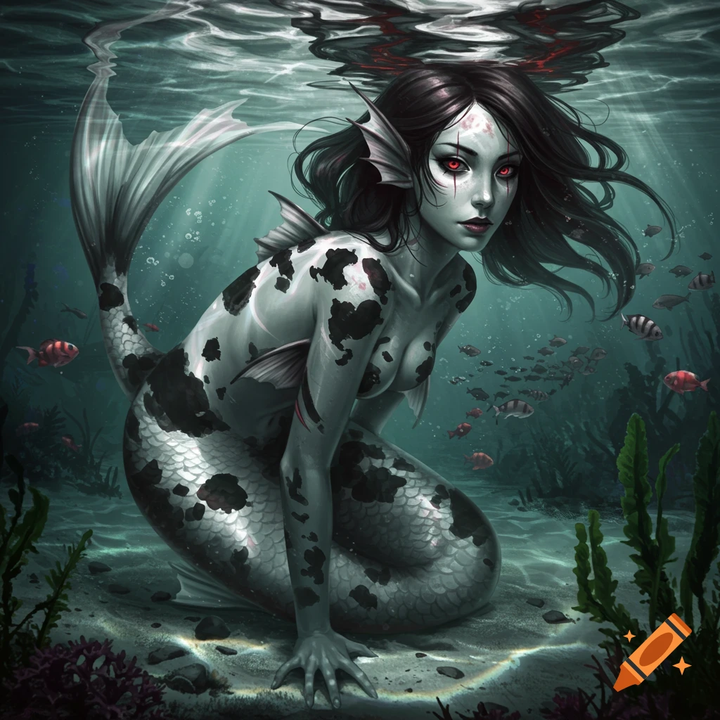 Black and white koi mermaid with red eyes and scars, kneeling on the ocean floor surrounded by small fish and plants.