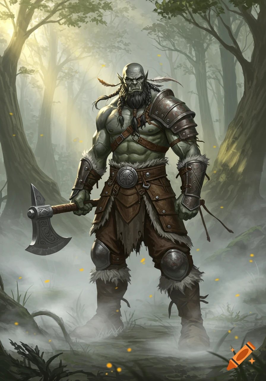 Muscular gray-green half-orc barbarian in fur and leather armor, holding a greataxe in a misty, sunlit forest.