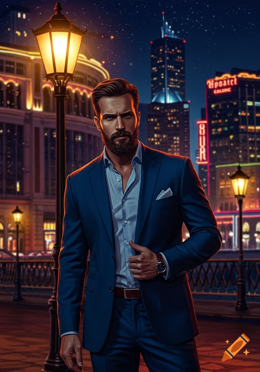 A stylish man with a beard in a blue suit stands under a lamppost in a night city scene with glowing buildings.