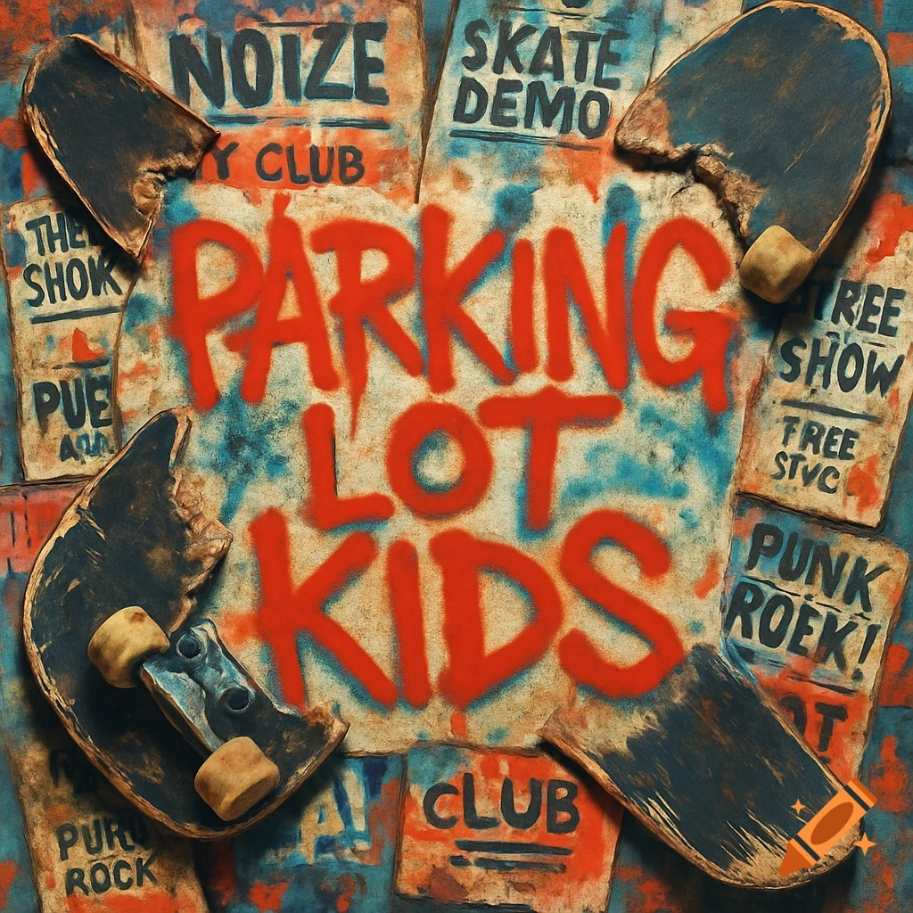 An album cover in a grunge collage style, featuring the red spray-painted text "PARKING LOT KIDS" surrounded by torn flyers and broken skateboards.
